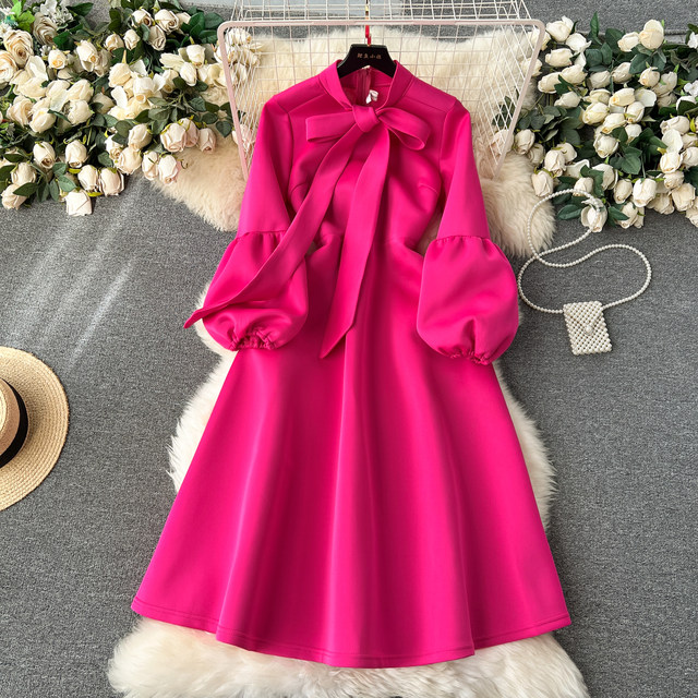 European and American high-end party dress women's fashionable bow tie lantern long-sleeved waist wide swing dress