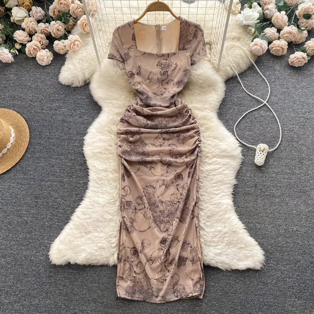 High-end temperament square collar dress summer women's French style beautiful short-sleeved print waist slit bag hip skirt