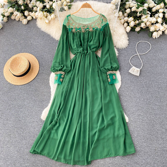 French style high-end beaded round neck dress summer women's light and familiar wind waist slimming blue A-line dress