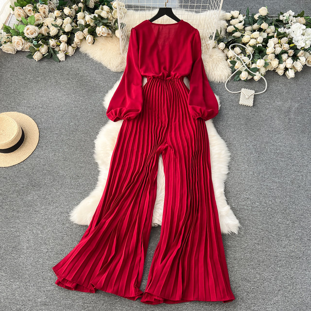 European and American puff sleeve jumpsuit for women 2024 early spring new style temperament V-neck lace-up waist long pleated wide-leg pants