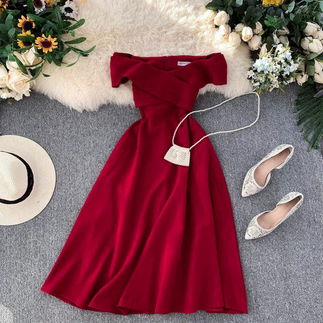 Dress skirt women's banquet fashion celebrity temperament one-shoulder cross-waist slimming French retro knee-length dress