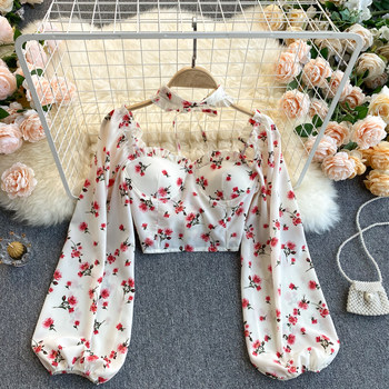 Sen Department Sweet Floral Puff Sleeve Short Waist Shirt Women's Fungus Side Halter Strap Chiffon Shirt Top Women