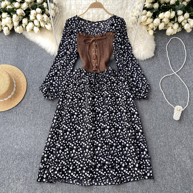 French sweet design sense niche bandage color contrast fake two-piece long-sleeved dress autumn female floral dress tide