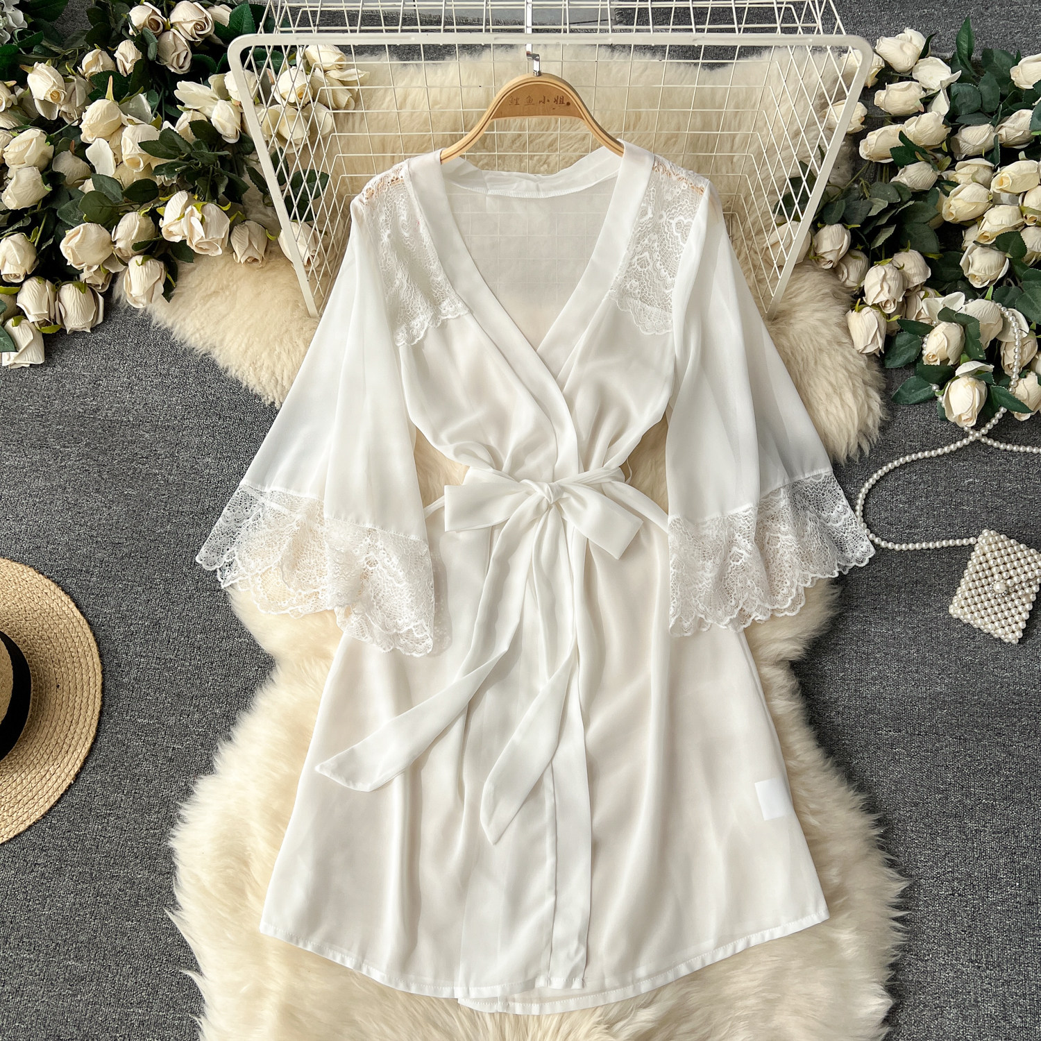 CHILLGIO Sexy Lace Patchwork Women Nightgowns V Neck Sash Nightie Nightwear Club Casual Fashion Loose Transparent Pajamas Dress