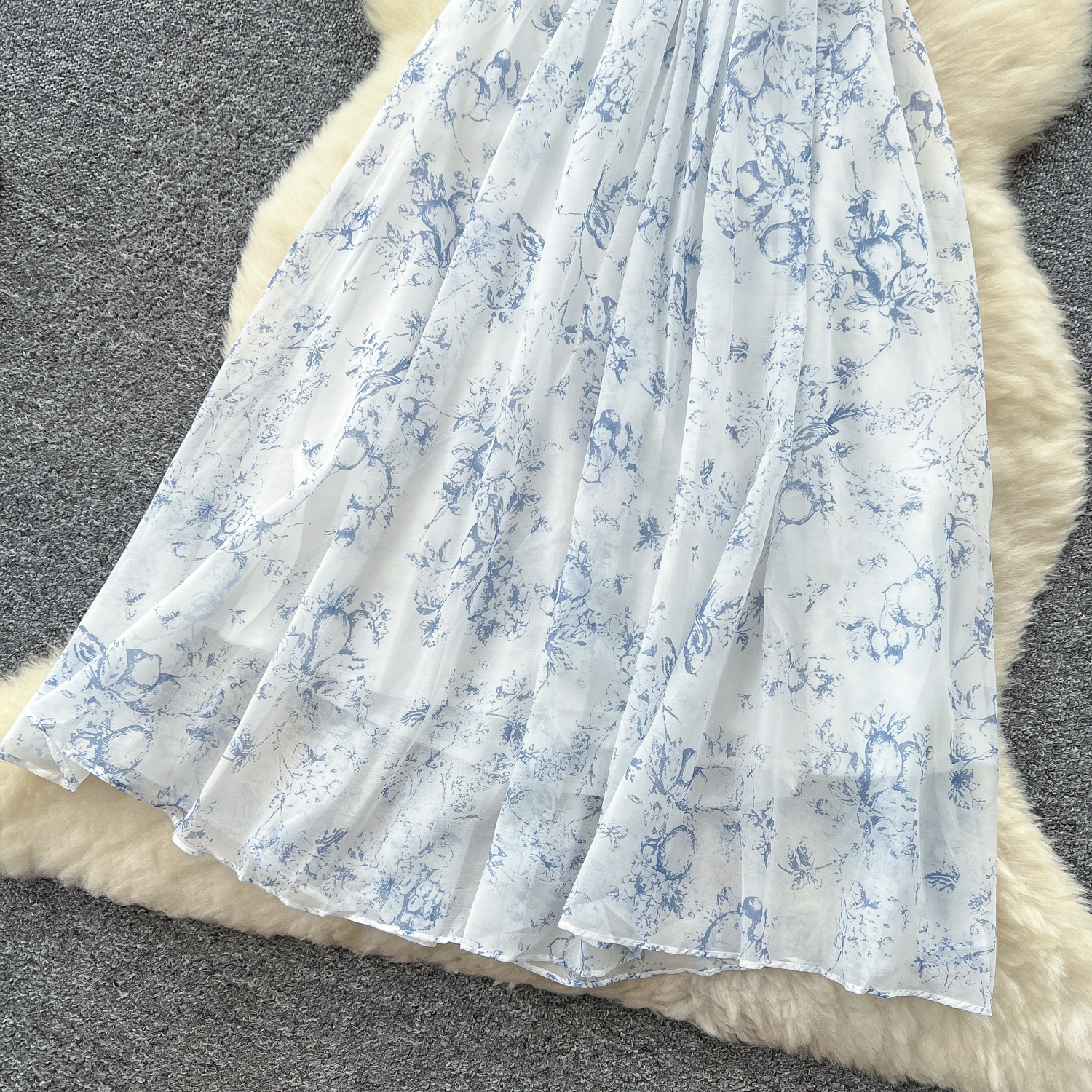 French super fairy style square neck puff sleeves waisted floral dress