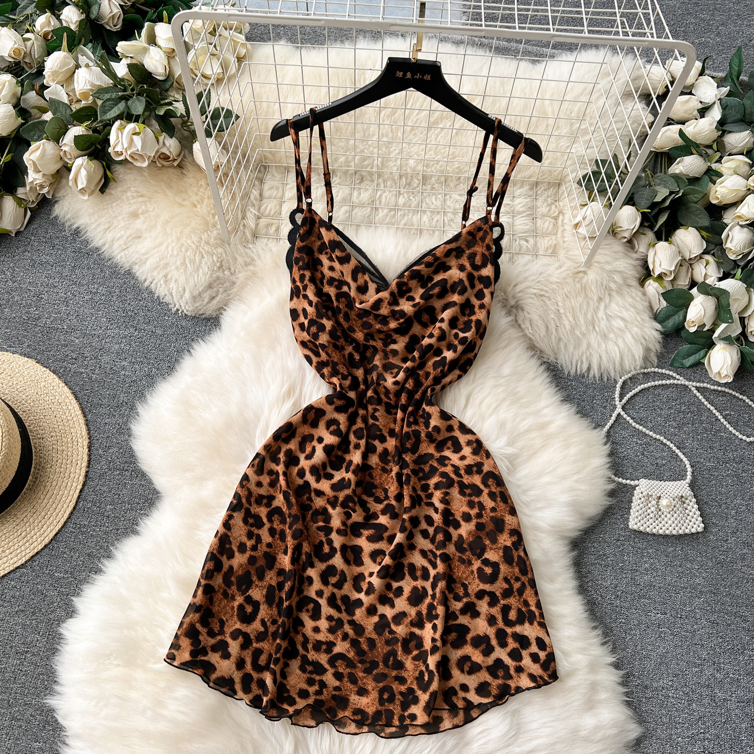 Chillgio Frauen sexy Leopard Spaghetti träger Kleid Sommer Mini Pyjama Nachthemd schiere Mode Schmetterling Swinging Kragen Nachthemden – Detail 11