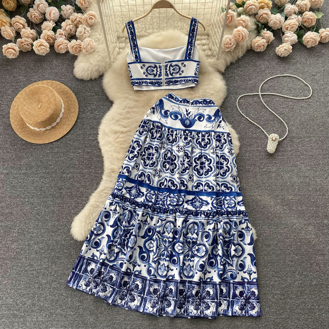 European and American style blue and white porcelain printing suit women's summer pure desire revealing waist camisole + high waist mid-length skirt