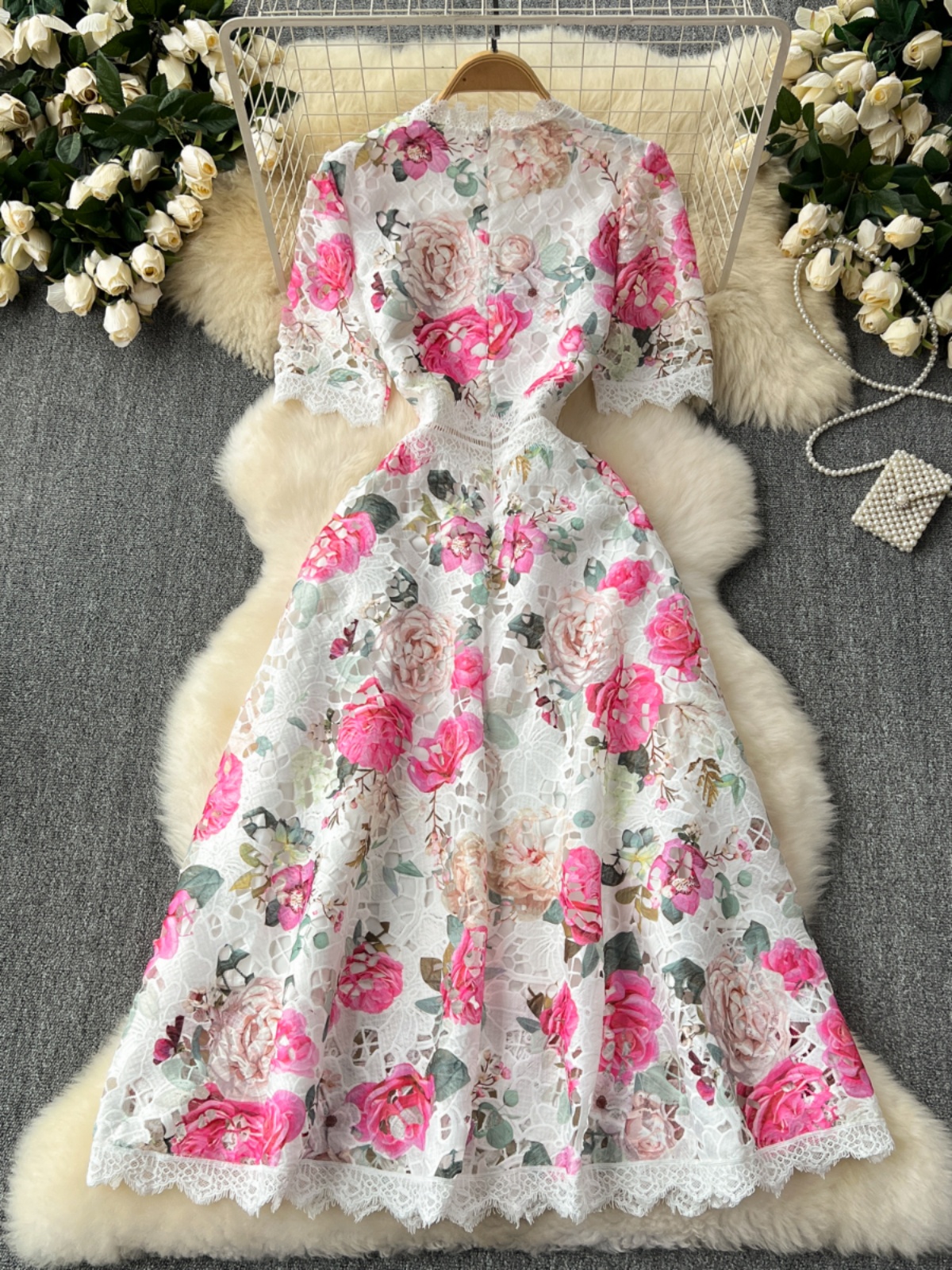 French retro elegant lace splicing printed waist-cinching elegant dress