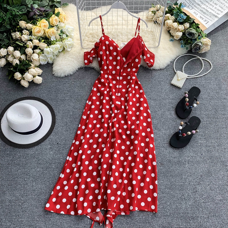 Pháp thích hợp váy retro sóng V-cổ quây dây đeo váy eo không thường xuyên xù váy - Sản phẩm HOT váy babydoll