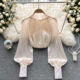 2022 Spring New Glass Gentle Wind Mesh Ribbon Shirt Top Women's Design Sense Niche Pearl Chiffon Shirt