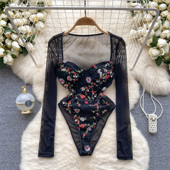 European and American ins hot jumpsuit female sexy heavy embroidered tube top slim body shaper long-sleeved mesh bottoming shirt