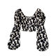 Short V-neck leopard print zipper shirt Korean version puff sleeve contrast printing shirt 2021 autumn all-match top women