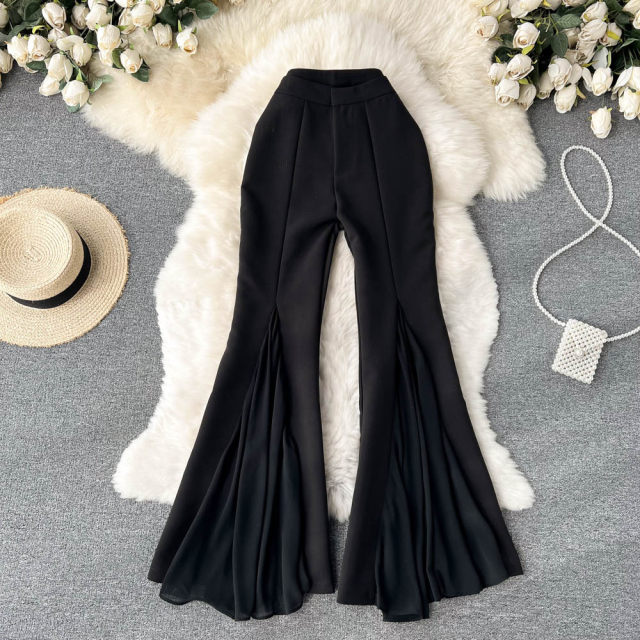 Mesh irregular stitching flared pants women's design sense niche high waist slim slim straight casual wide leg pants