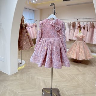 儿童礼服短款长袖秋冬亮片小主持人女童生日公主裙钢琴演出服圣诞