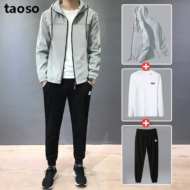 TAOSO/淘搜男士秋款2019新款潮季秋帅气休闲运动套装男装三件套