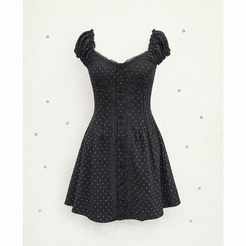 【White Tea First Love】Lace Patchwork Waist-Cinching Dress/Jacquard Ruffled Top for Summer