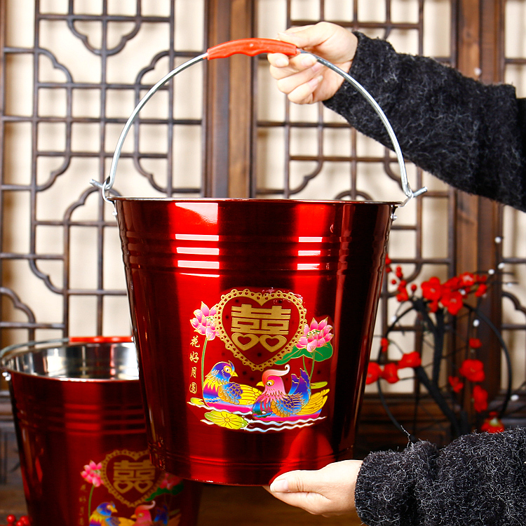 Wedding bucket Bride dowry supplies Red bucket Stainless steel happy bucket A pair of wedding red bucket wedding bucket