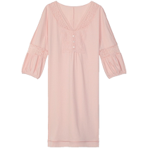 Embry Cotton Loose and Comfortable Home Clothes Womens Sweet Lace V-Neck Three-quarter Sleeve Nightgown EL7779
