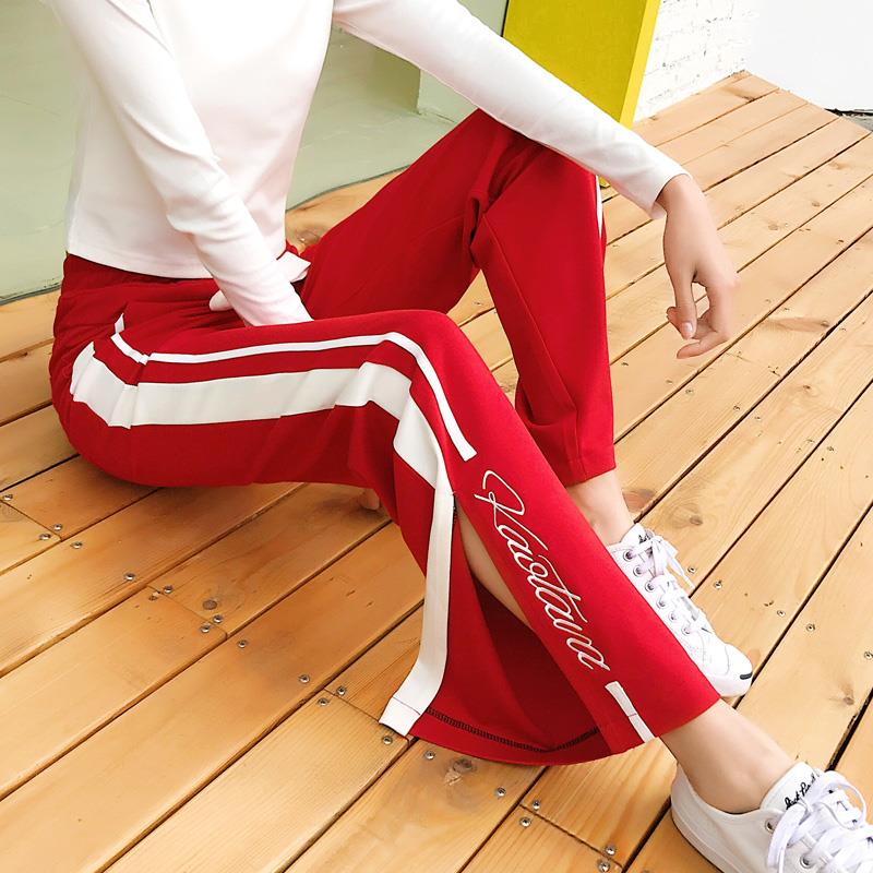 ins pants female student pants side open fork wide leg pants women's spring casual trousers loose striped sports pants women's school dress pants