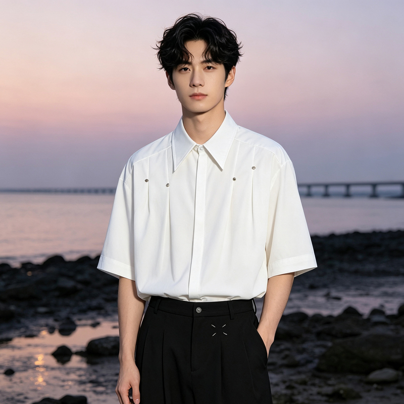 New Chinese Style Men's Studded Short-Sleeve Shirt, Loose-Fitting Summer Turn-Down Collar Trendy Shirt, Wedding Suit Set, Versatile
