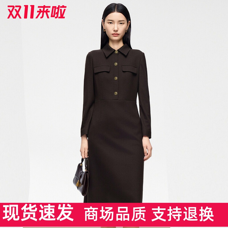 【Same Style as in Shopping Malls】Women's 2026 Autumn New Commuter Waist-Cinching Professional Dress Retro Straight-Shoulder Woolen Dress