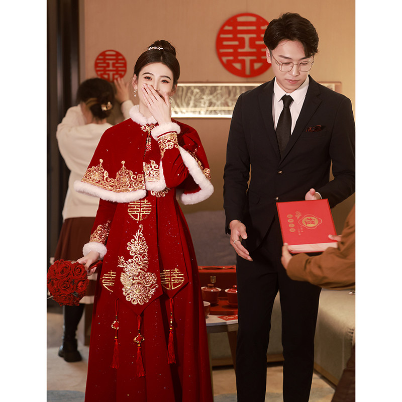 Pregnant woman toast brides with bridal autumn and winter plus suede Chinese cheongsam wedding betrothed gown gown with big code fat mm show-Taobao
