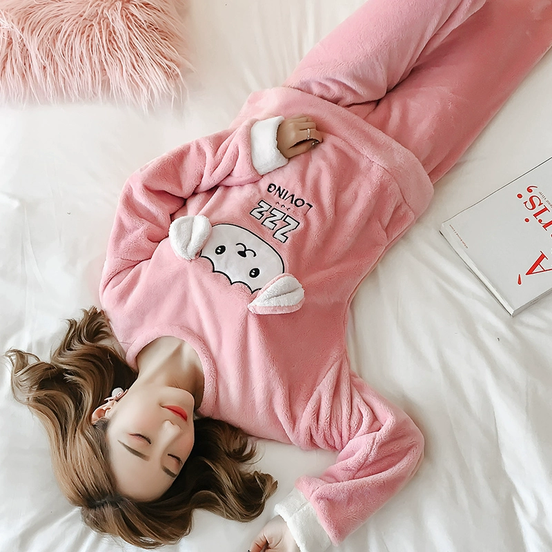 Coral Fleece Homewear Nữ Thu Đông Dày Dầy Hàn Quốc Ngọt Ngào và Dễ Thương Bộ Đồ Ngủ Nữ Có Thể Mặc Bên Ngoài - Cha mẹ và con