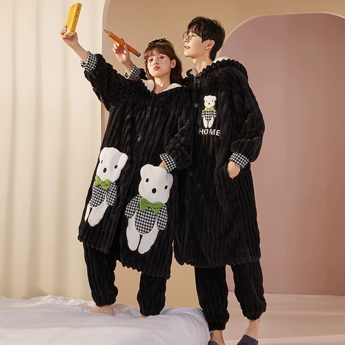 Коралловый бархатный мультяшный зимний банный халат, пижама для влюбленных, длинный фланелевый комплект, увеличенная толщина, длина макси