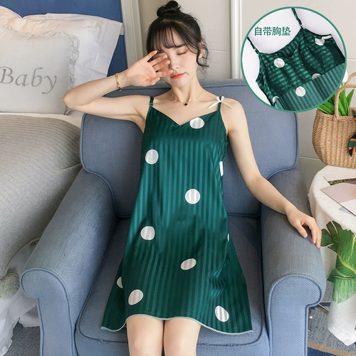 Топ с чашечками, пижама, шелковая летняя тонкая юбка, милое свежее платье-комбинация, в корейском стиле