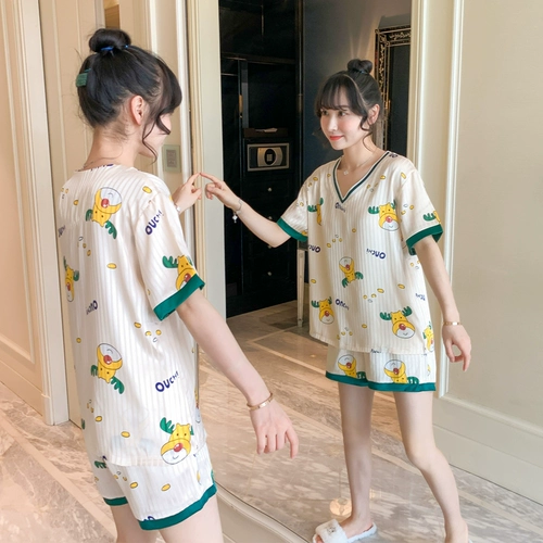 Шелковая летняя милая мультяшная пижама, комплект, 2025 года, премиум класс, короткий рукав