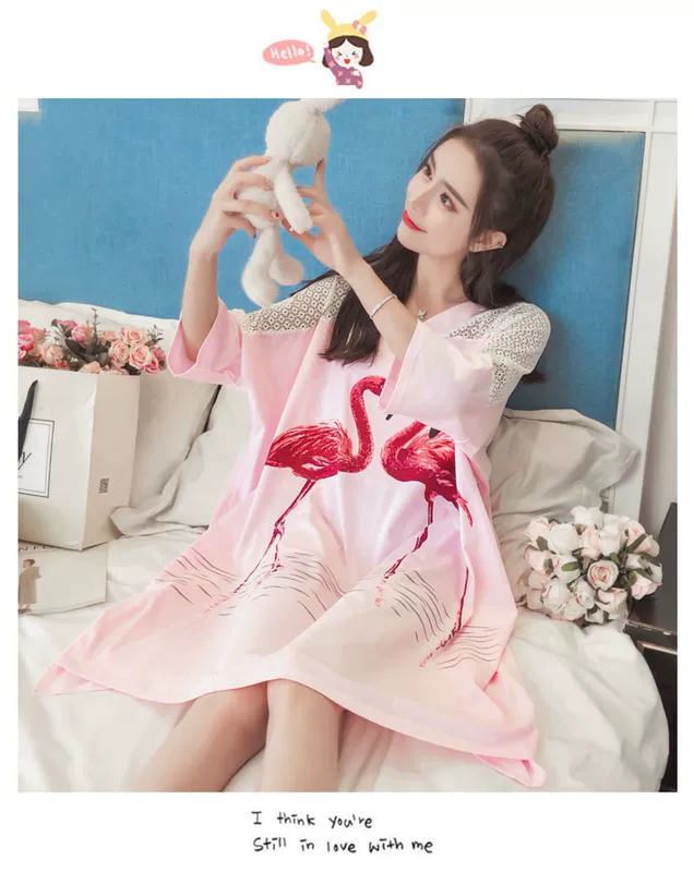 Bộ đồ ngủ quá khổ cho nữ mùa hè thuần cotton dễ thương ít phụ nữ béo mm Dịch vụ nhà lỏng lẻo lưới màu đỏ mỏng mùa hè đồ ngủ - Đêm đầm