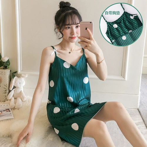 Топ с чашечками, пижама, шелковая летняя тонкая юбка, милое свежее платье-комбинация, в корейском стиле
