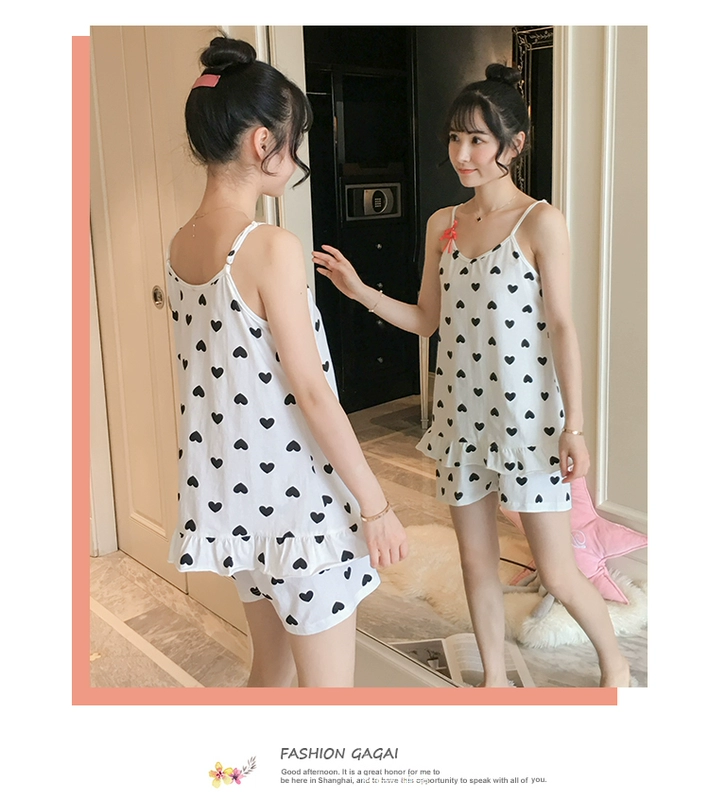 Bộ đồ ngủ nữ mùa hè bằng vải cotton mỏng Bộ đồ hai mảnh gợi cảm của Hàn Quốc - Giống cái