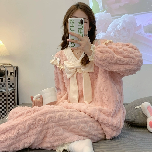 Милая фланелевая пижама с бантиком, демисезонный коралловый бархатный комплект