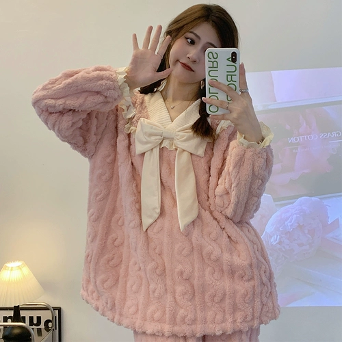 Милая фланелевая пижама с бантиком, демисезонный коралловый бархатный комплект