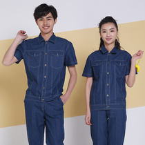 Summer half-sleeve denim overalls suit mens thin long sleeves breathable wear-resistant tooling anti-scalding welders labor insurance clothing