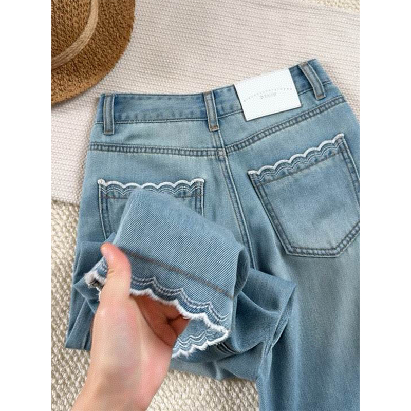 Lyocell Tencel Jeans for Women, Summer Thin Style, Petite Lace Trim, Cropped Pants, Plus Size, Straight-Leg Ice Silk Pants