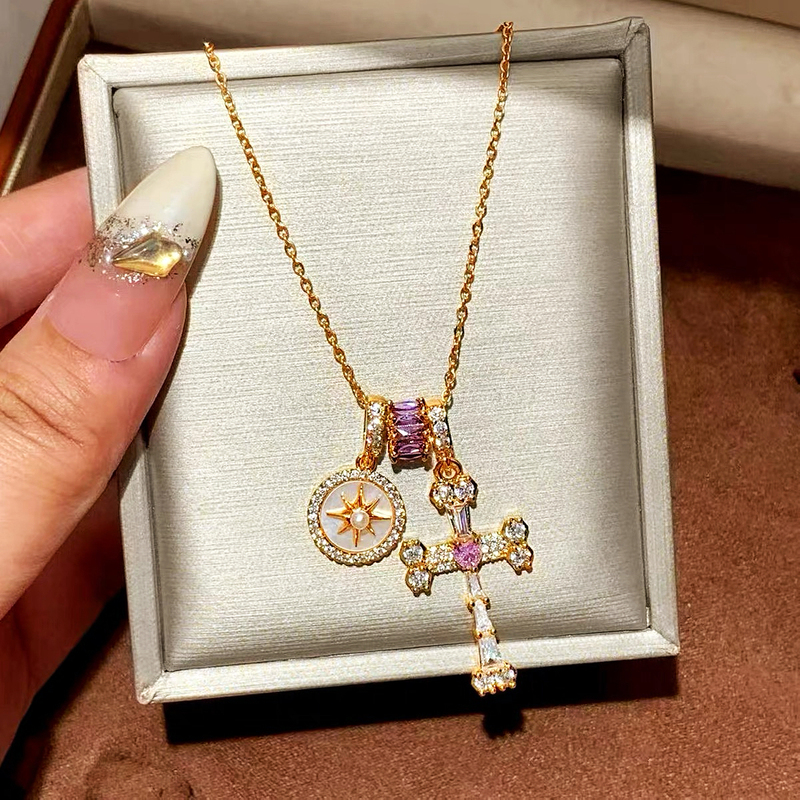 Natural Shell Necklace, Feminine, Niche, Sparkling Diamond, Eight-Pointed Star, Cross, High-End, Unique Clavicle Chain Accessory