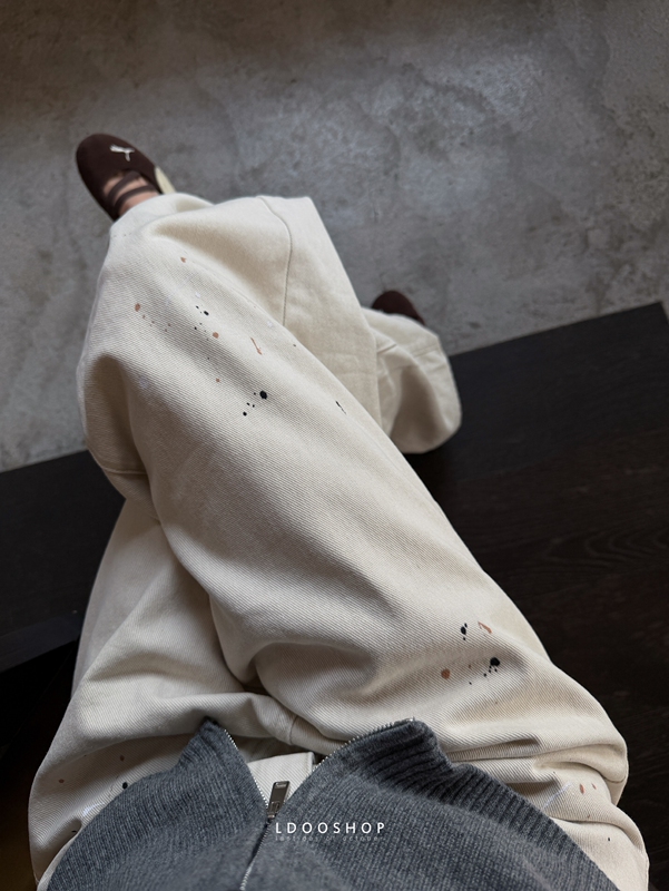 Ldoo Shop High-Quality Long-Staple Cotton Graphite Craft White Splatter High-Waisted Wide-Leg Versatile Jeans Trousers