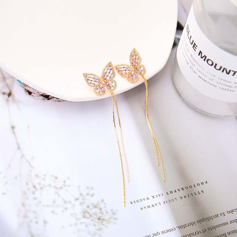 Butterfly All-match Ear Line Pure Silver Ear Needles Pierced Long Tassel Earrings Wholesale Nihaojewelry display picture 1