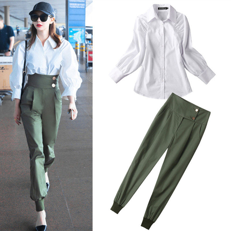 Star Qi Wei same style suit temperament white shirt female army green harem pants slim high waist overalls small feet