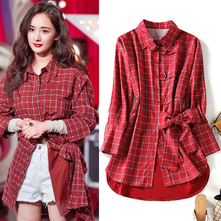 Yang Mi star same style clothes 2022 spring and autumn model fat mm plaid shirt skirt female Korean version long-sleeved bowknot shirt