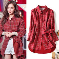Yang power stars the same clothes 2022 spring and summer money with fat mm plaid shirt skirt female Korean version long sleeve butterfly knot shirt