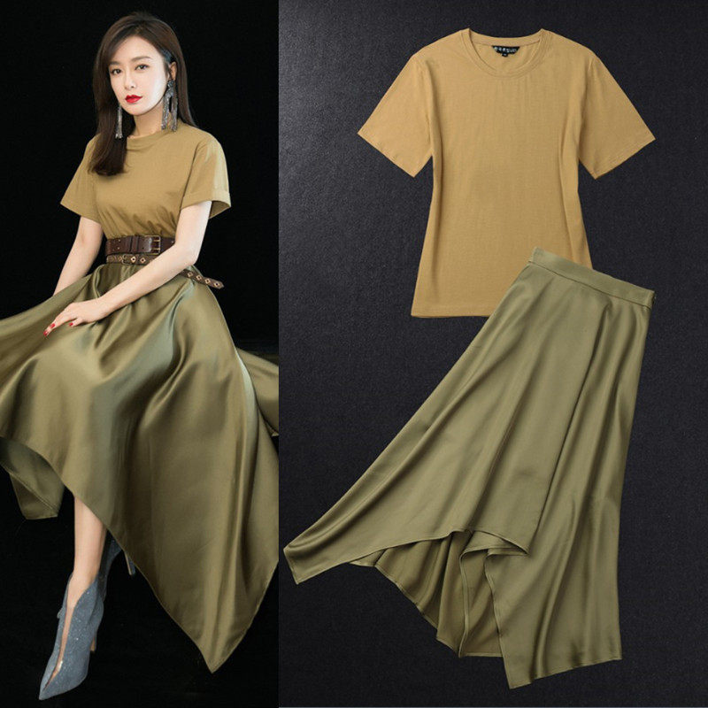 Qin Lan star same style suit two-piece army green short-sleeved T-shirt irregular high waist skirt long skirt suit