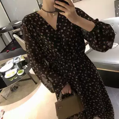 Retro Western style chiffon dress women's mid-length version 2021 autumn new high-waist long-sleeved small floral long skirt