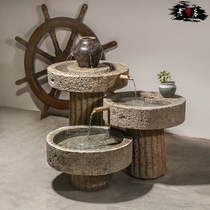 Natural Old Stone Trough Flowing Water Old Stone Mill Fish Tank Stone Flowerpots Courtyard Balcony Tea Room Chinese Waterscape Combined Pendulum