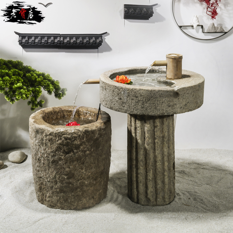 Old stone trough old stone fish fish fish tank flower pots stone cylinders outdoor stone grinding water view courtyard balcony flowing water landscape swaying pieces