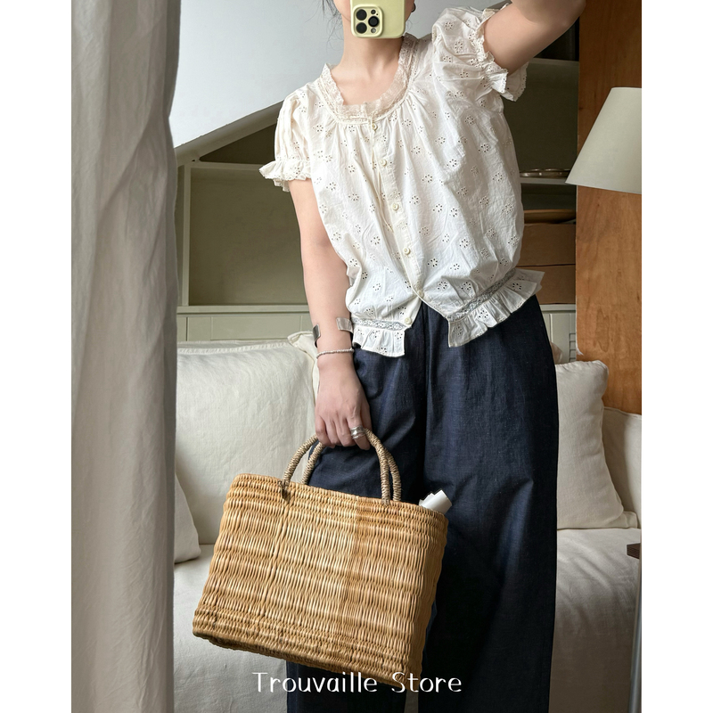 Trouvaille Store “Southern French Summer” Embroidery Cotton Lace Short-Sleeved Blouse with Lace Trim