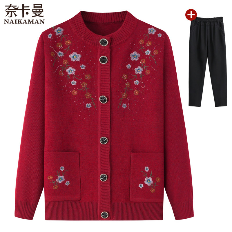 Seniors Spring and autumn sweater women's mother dress embroidered knitwear and grandma autumn and winter plus suede thickened cardio-hoodie