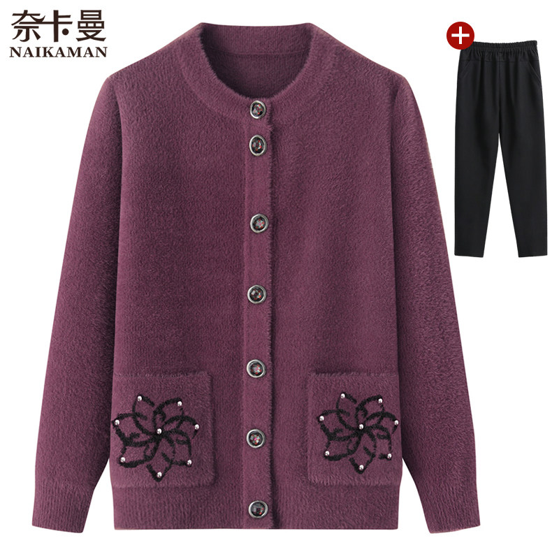 Mom spring and autumn imitation mink velvet grandma sweater cardigan middle-aged and elderly autumn and winter clothing female elderly tops woolen coat